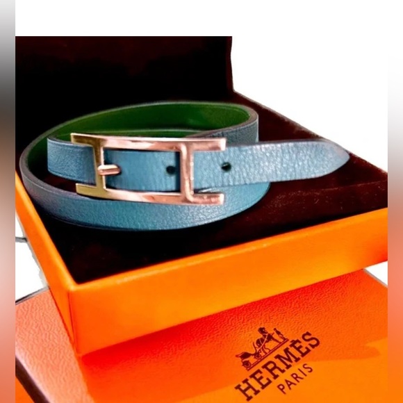 Hermes Leather Behapi Double Tour Reversible Bracelet in Green and Teal - Picture 4 of 7